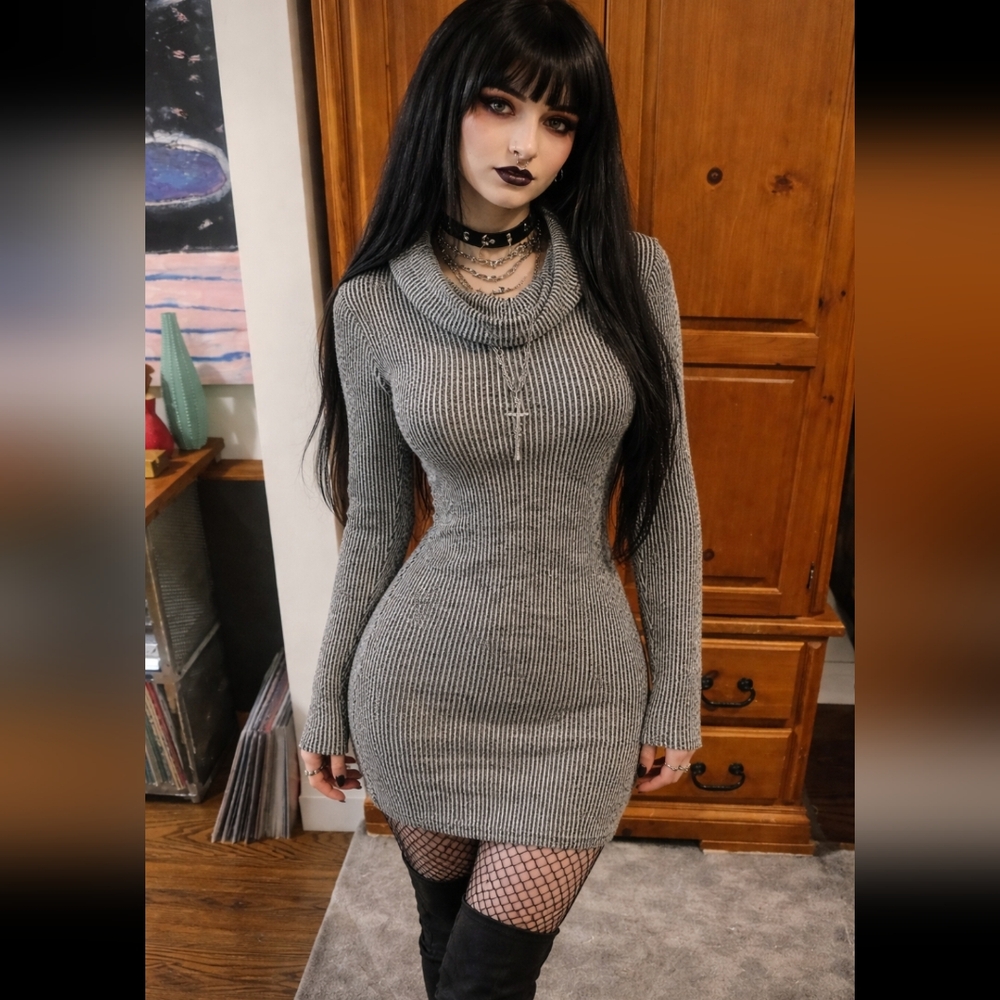 Witchy Stripe Black And White Free People Killstar Longsleeve Cowl Neck Dress